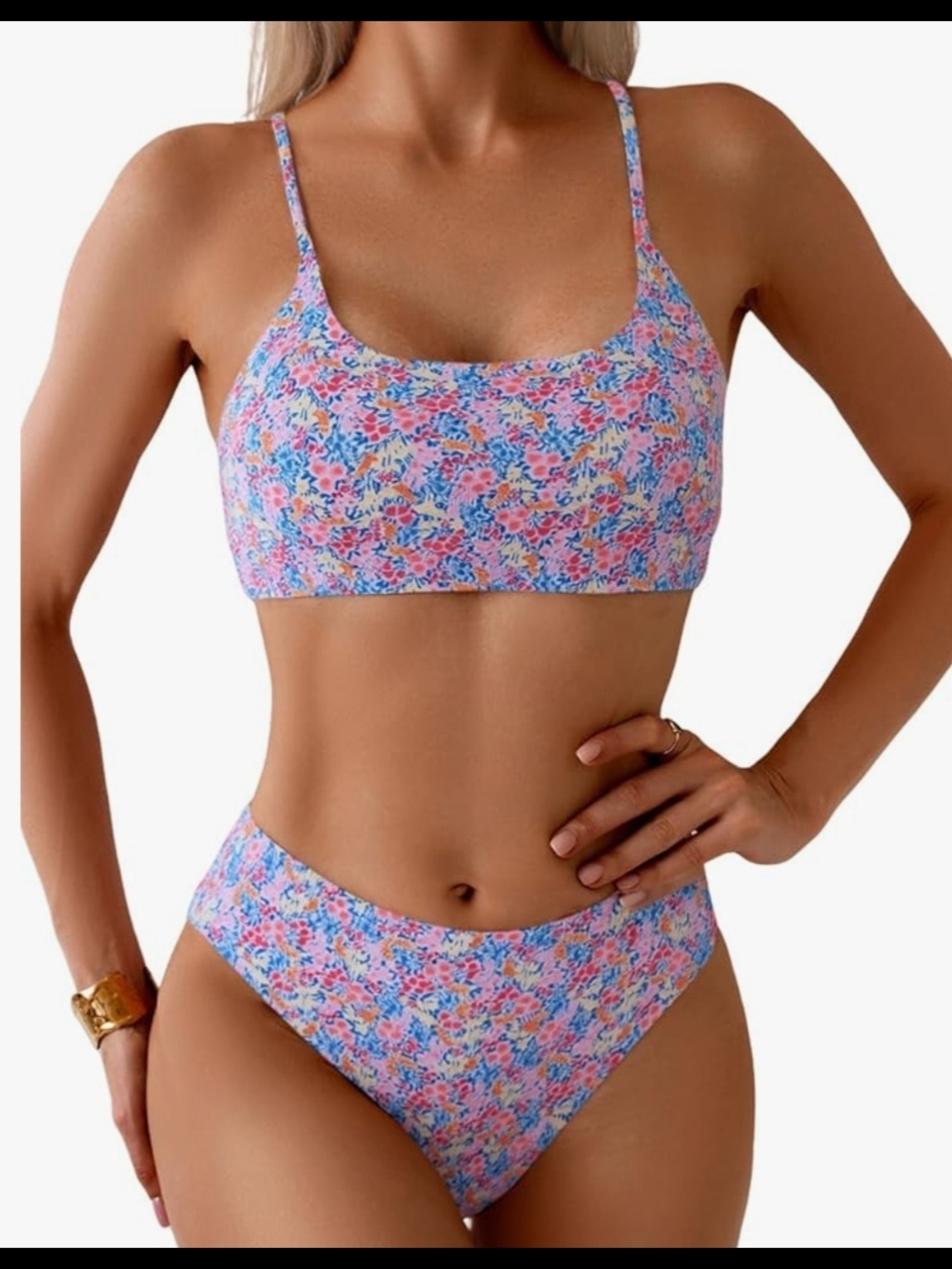 Floral Scoop Neck Bikini Set in Pink & Blue Swimsuit Swimwear Size Woman Small‎